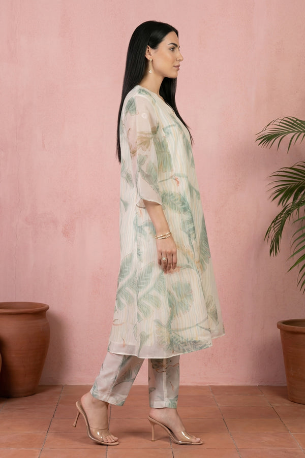 Off White Tropical Printed Organza Straight Kurta with Straight Pants and Dupatta Set