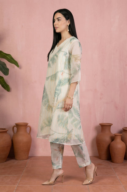 Off White Tropical Printed Organza Straight Kurta with Straight Pants and Dupatta Set