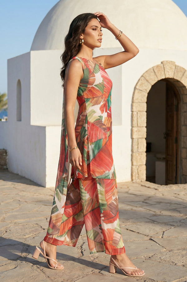 Multicolor Tropical Floral Printed Georgette Kurta with Pants Co-ord Set