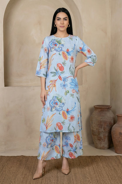 Light Blue Floral Printed Modal Straight Kurta with Flared Pants Co-ord Set
