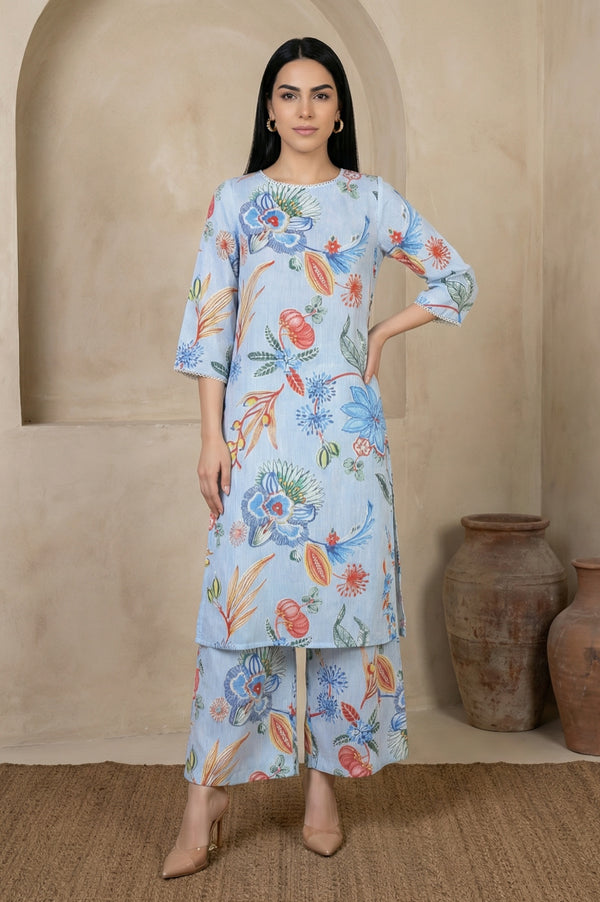 Light Blue Floral Printed Modal Straight Kurta with Flared Pants Co-ord Set