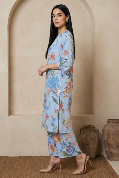 Light Blue Floral Printed Modal Straight Kurta with Flared Pants Co-ord Set