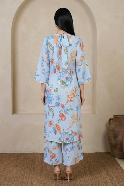 Light Blue Floral Printed Modal Straight Kurta with Flared Pants Co-ord Set