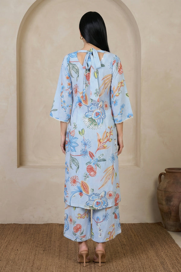 Light Blue Floral Printed Modal Straight Kurta with Flared Pants Co-ord Set