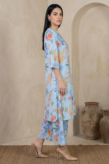 Light Blue Floral Printed Modal Straight Kurta with Flared Pants Co-ord Set