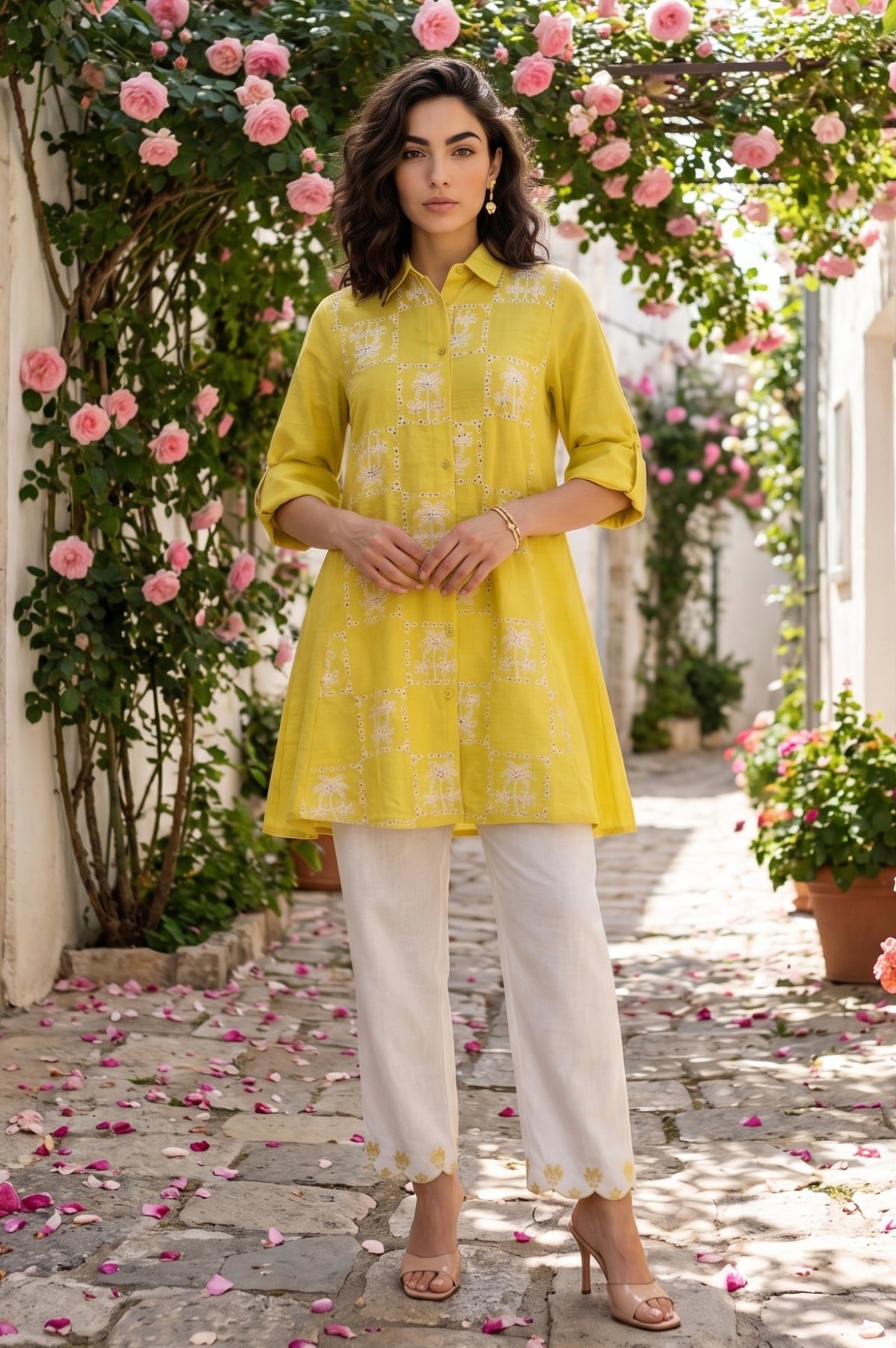 Beige Thread Embroidered Rayon Flax Straight Kurta with Parallel Pants Set - 16