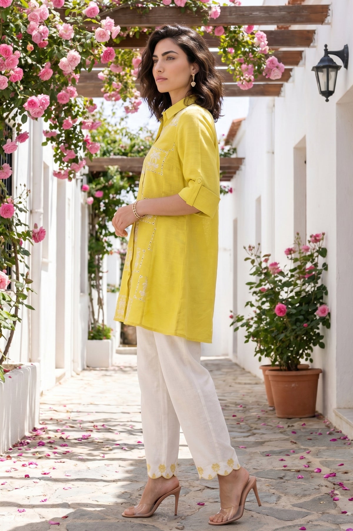 Beige Thread Embroidered Rayon Flax Straight Kurta with Parallel Pants Set