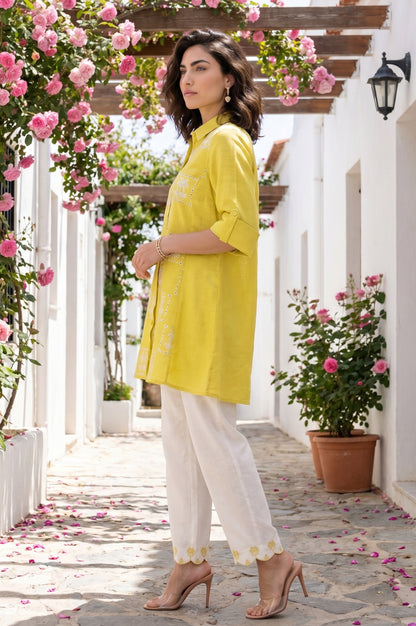 Beige Thread Embroidered Rayon Flax Straight Kurta with Parallel Pants Set