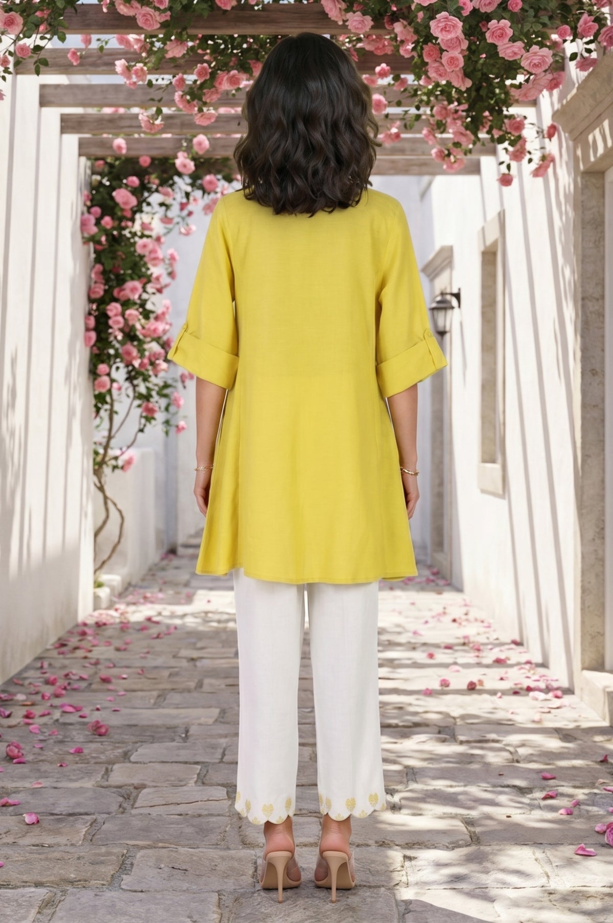 Beige Thread Embroidered Rayon Flax Straight Kurta with Parallel Pants Set