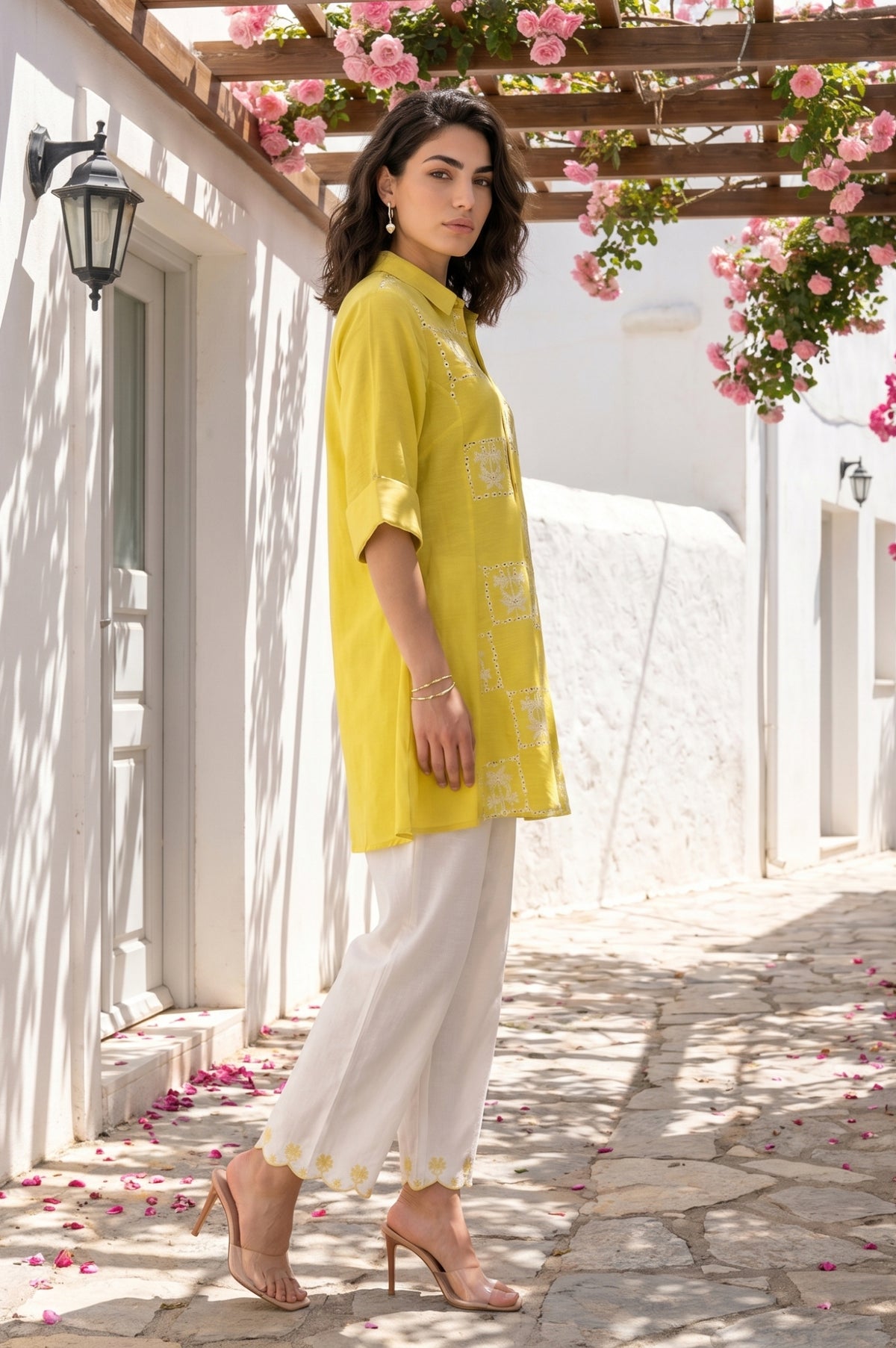 Beige Thread Embroidered Rayon Flax Straight Kurta with Parallel Pants Set