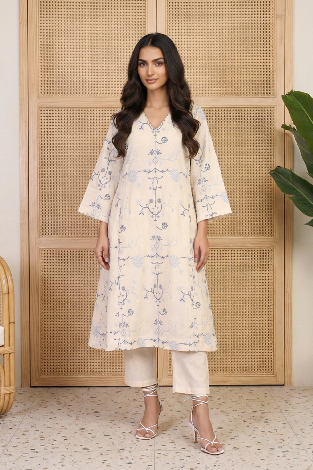 Off White Floral Embroidered Rayon A-line Kurta and Straight Pants Set