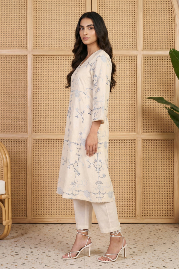 Off White Floral Embroidered Rayon A-line Kurta and Straight Pants Set