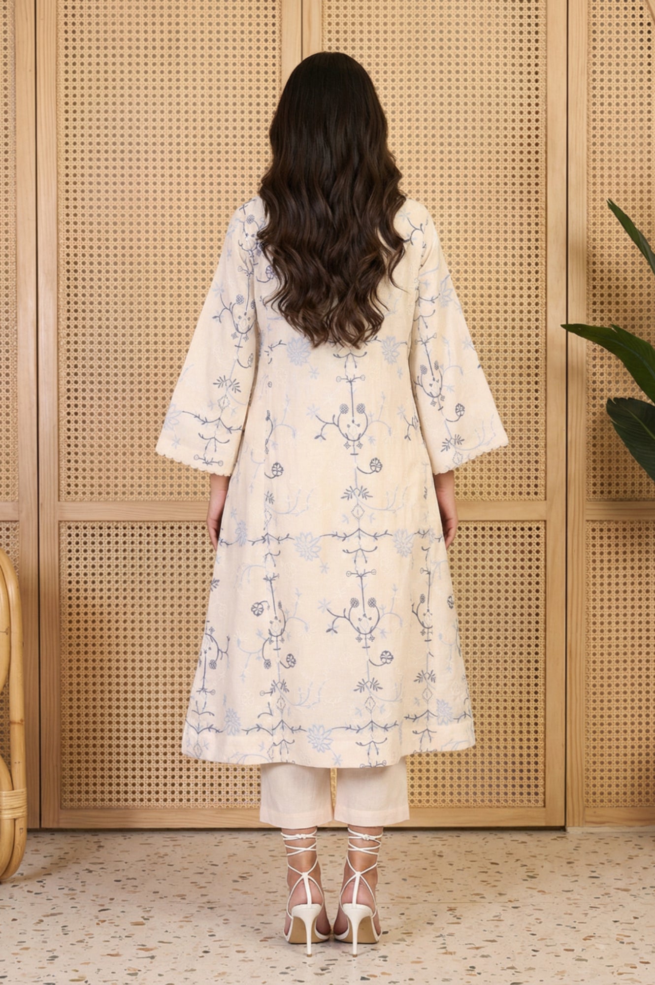 Off White Floral Embroidered Rayon A-line Kurta and Straight Pants Set