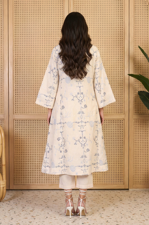 Off White Floral Embroidered Rayon A-line Kurta and Straight Pants Set