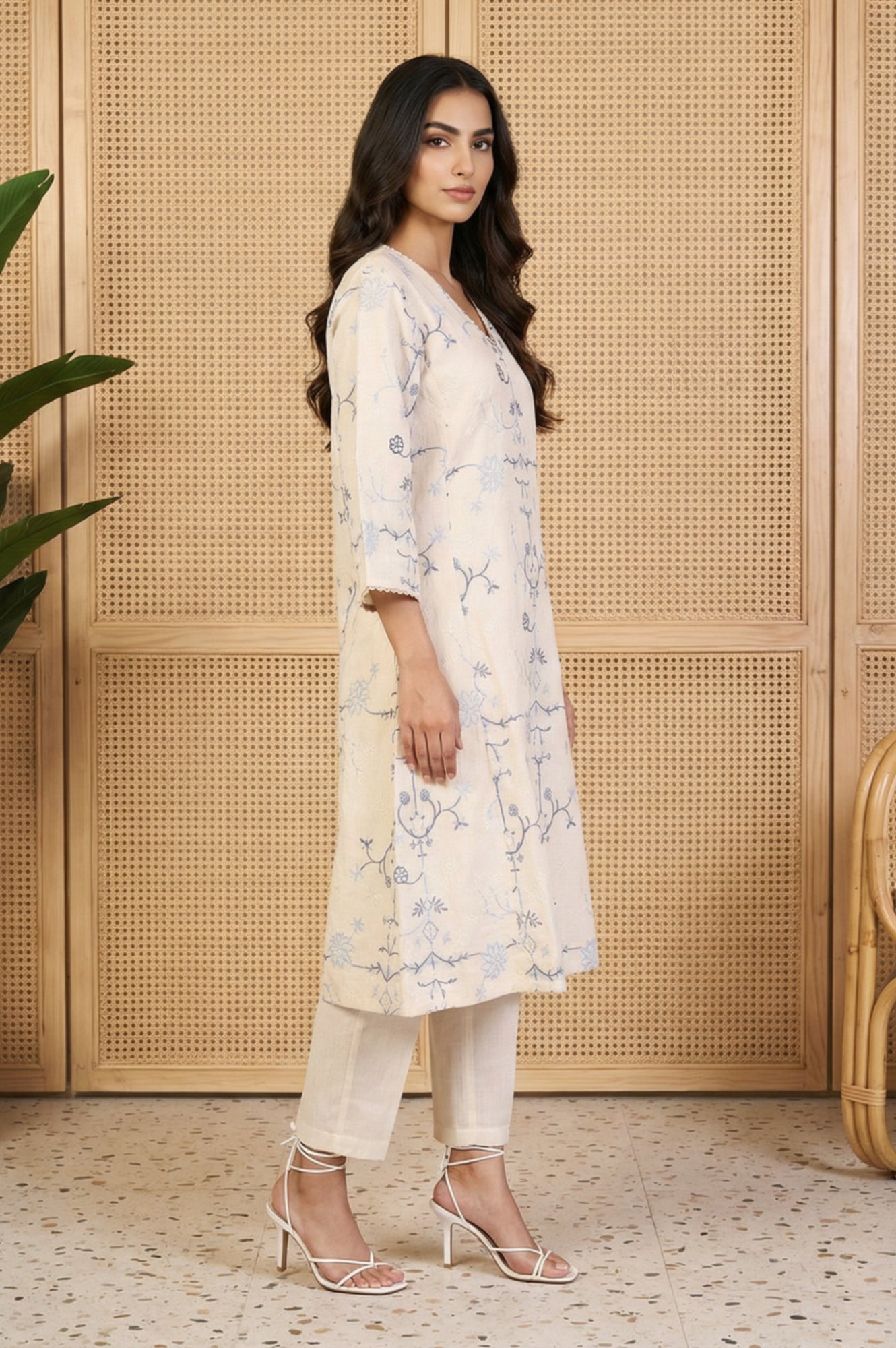 Off White Floral Embroidered Rayon A-line Kurta and Straight Pants Set