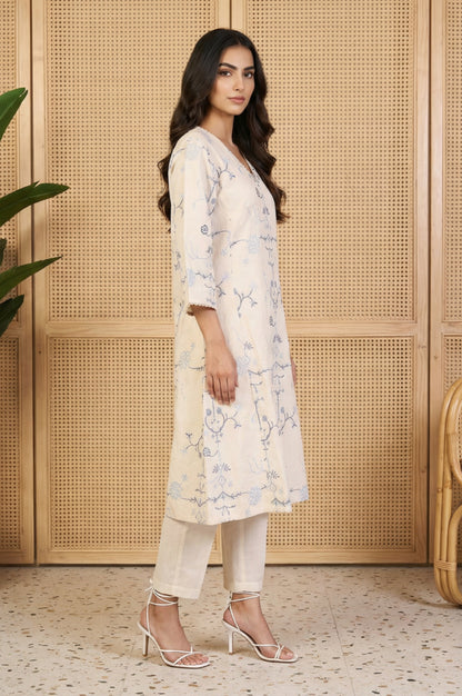 Off White Floral Embroidered Rayon A-line Kurta and Straight Pants Set