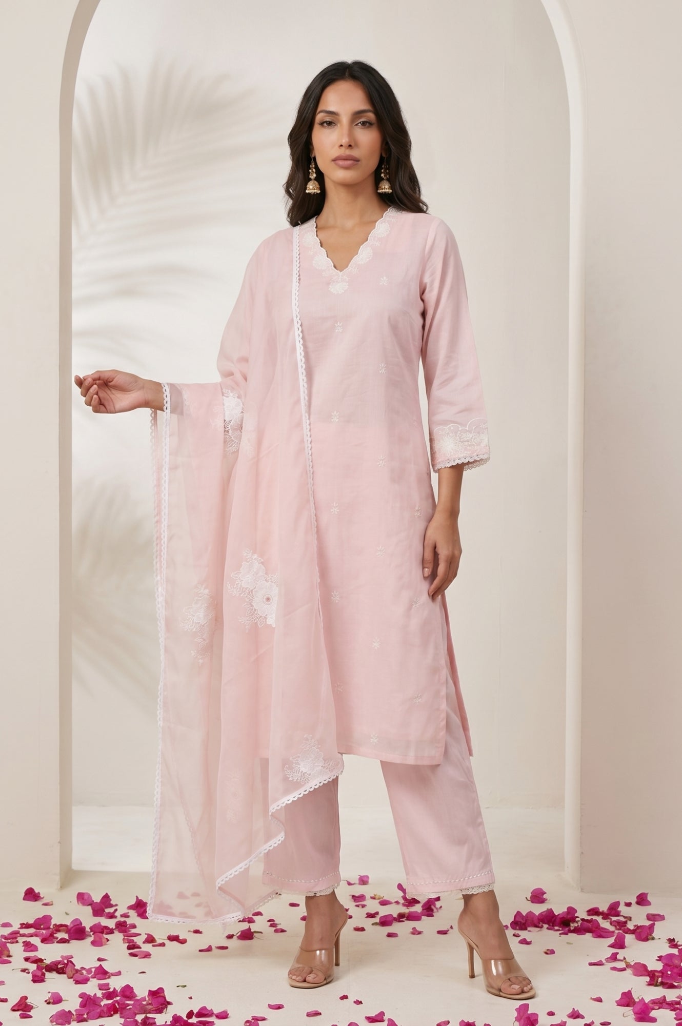 Light Pink Embroidered Chanderi Straight Kurta with Parallel Pants and Dupatta Set