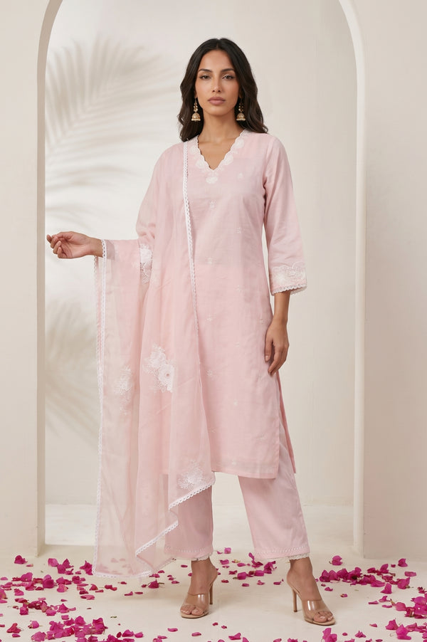Light Pink Embroidered Chanderi Straight Kurta with Parallel Pants and Dupatta Set