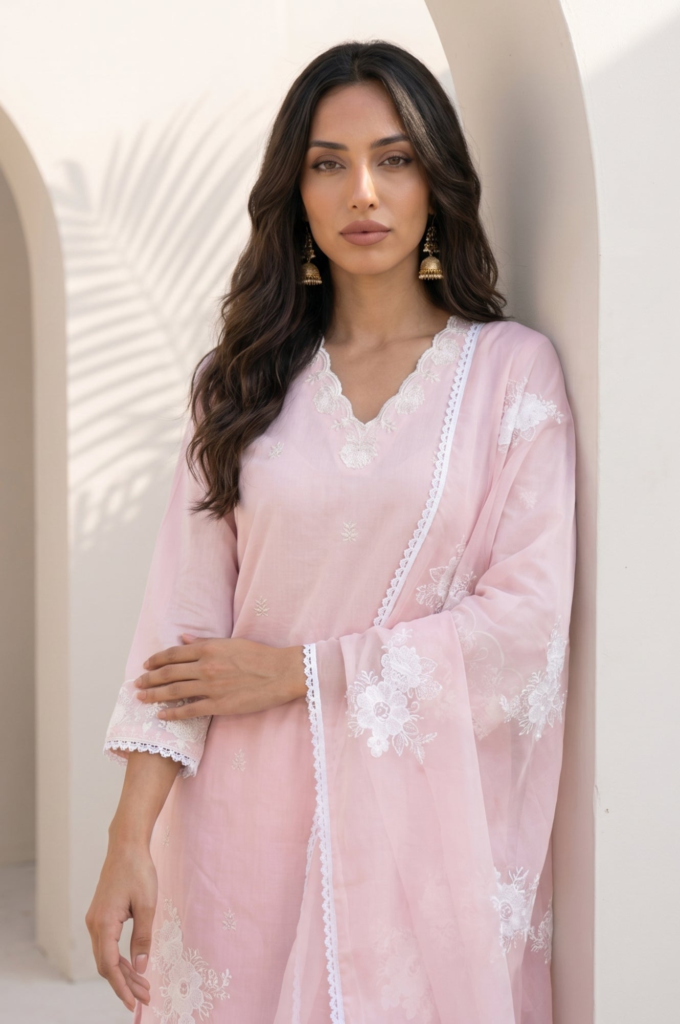 Light Pink Embroidered Chanderi Straight Kurta with Parallel Pants and Dupatta Set