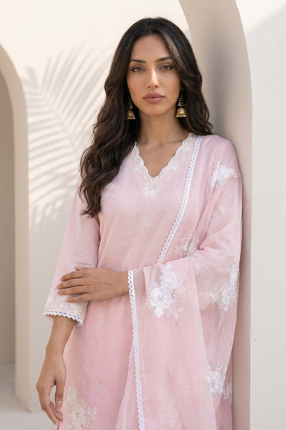 Light Pink Embroidered Chanderi Straight Kurta with Parallel Pants and Dupatta Set