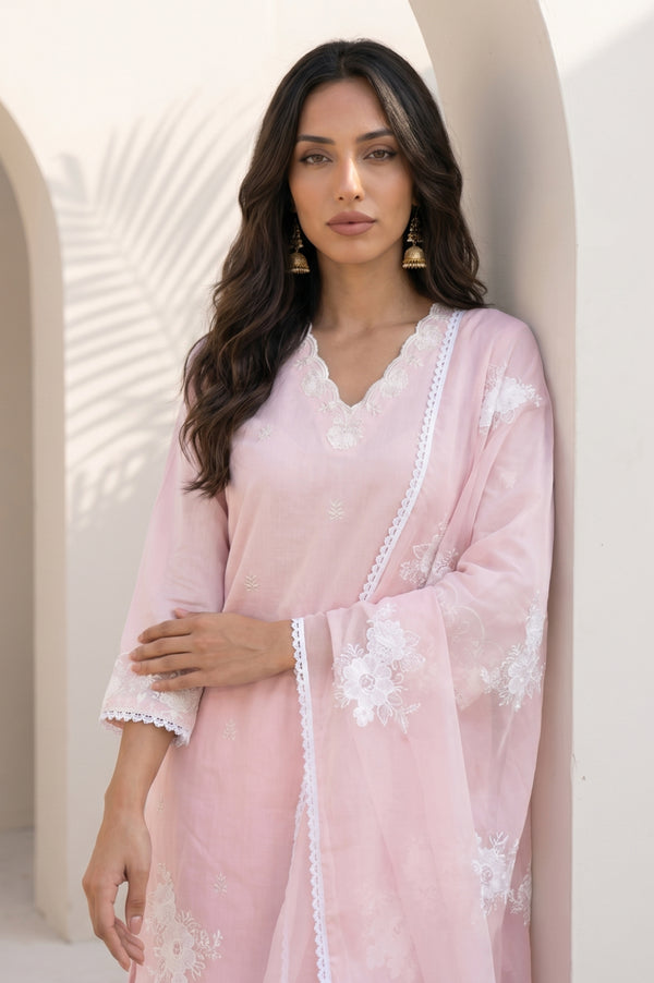 Light Pink Embroidered Chanderi Straight Kurta with Parallel Pants and Dupatta Set