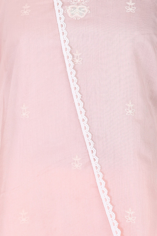 Light Pink Embroidered Chanderi Straight Kurta with Parallel Pants and Dupatta Set