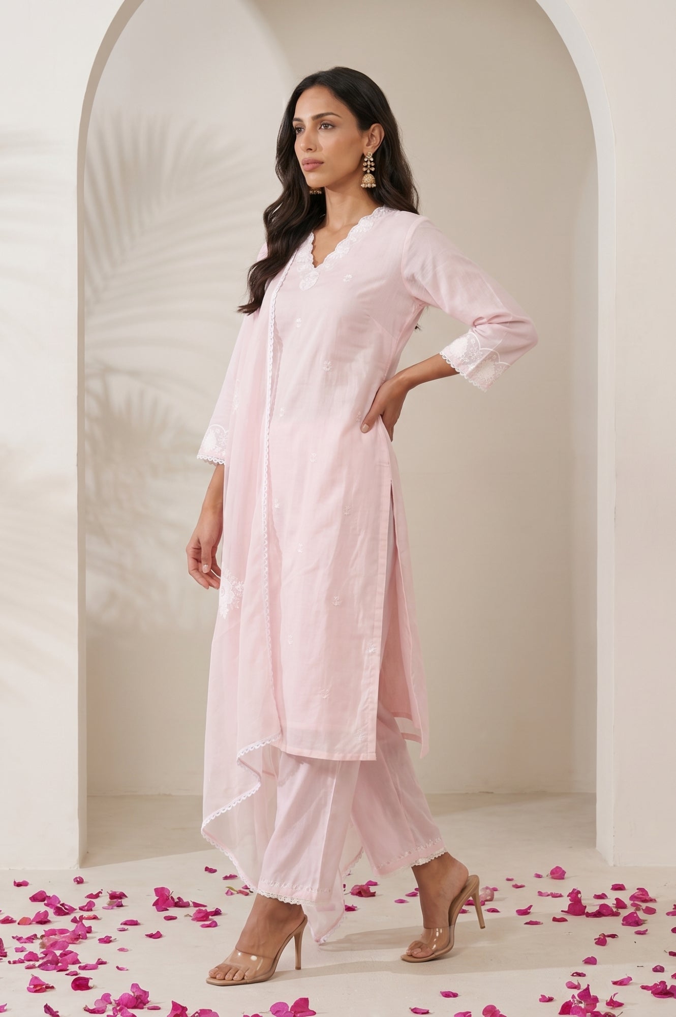 Light Pink Embroidered Chanderi Straight Kurta with Parallel Pants and Dupatta Set