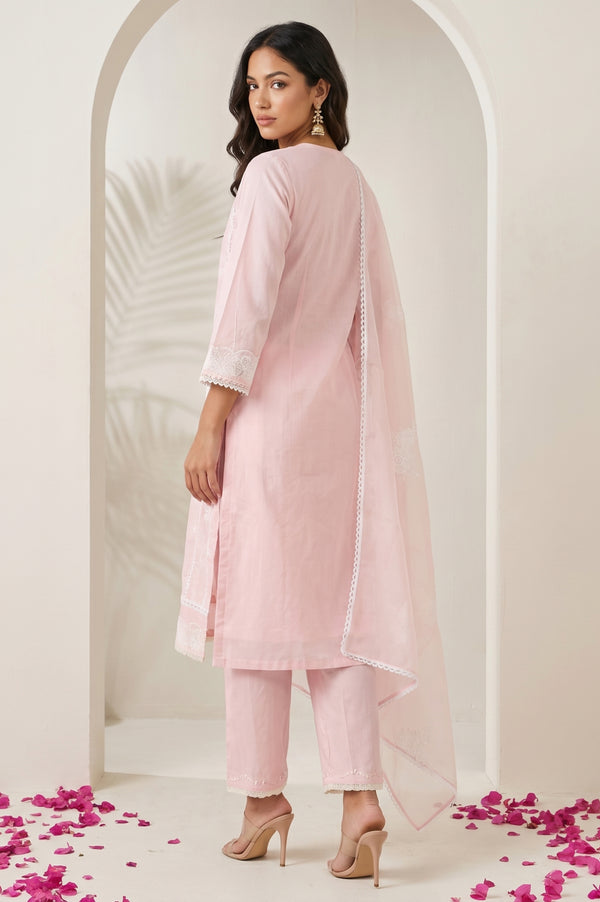 Light Pink Embroidered Chanderi Straight Kurta with Parallel Pants and Dupatta Set
