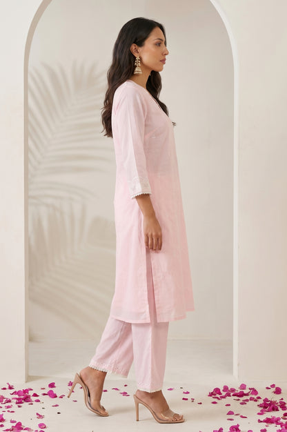 Light Pink Embroidered Chanderi Straight Kurta with Parallel Pants and Dupatta Set