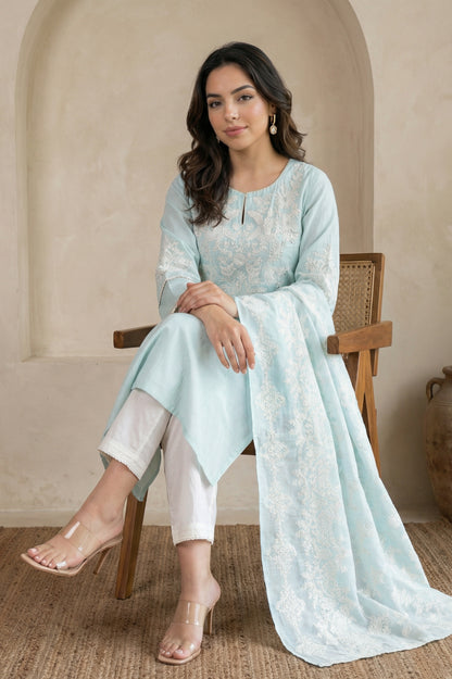 Blue Thread Embroidered Pure Cotton Straight Kurta with Straight Pants and Dupatta Set