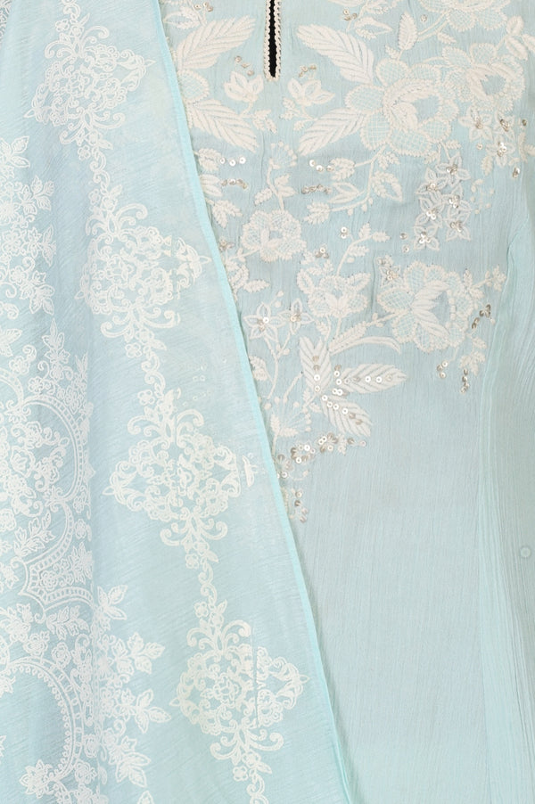 Blue Thread Embroidered Pure Cotton Straight Kurta with Straight Pants and Dupatta Set