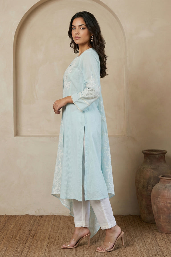 Blue Thread Embroidered Pure Cotton Straight Kurta with Straight Pants and Dupatta Set