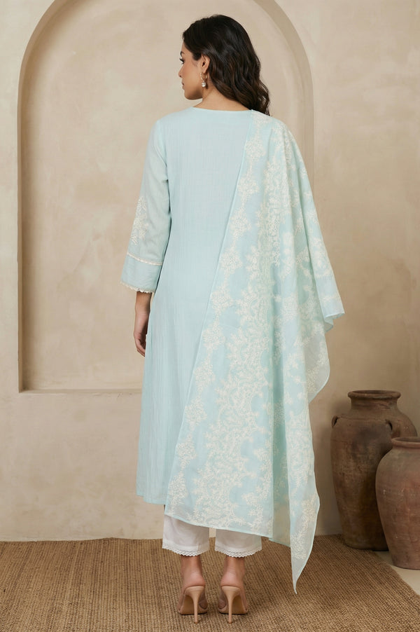 Blue Thread Embroidered Pure Cotton Straight Kurta with Straight Pants and Dupatta Set