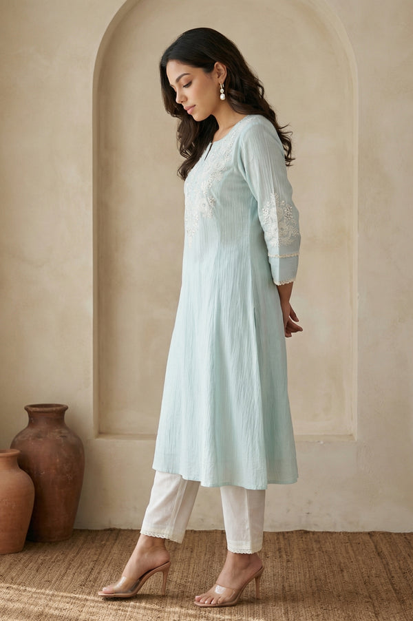Blue Thread Embroidered Pure Cotton Straight Kurta with Straight Pants and Dupatta Set
