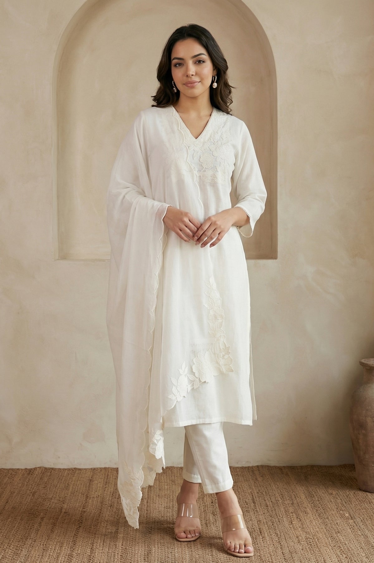 Off White Embroidered Chanderi Straight Kurta with Pants and Dupatta Set - XS