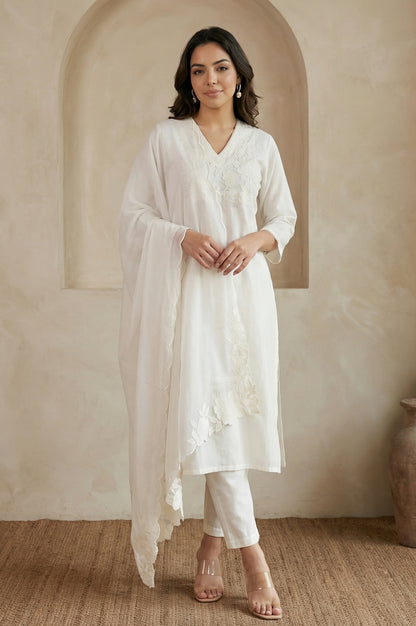 Off White Embroidered Chanderi Straight Kurta with Pants and Dupatta Set