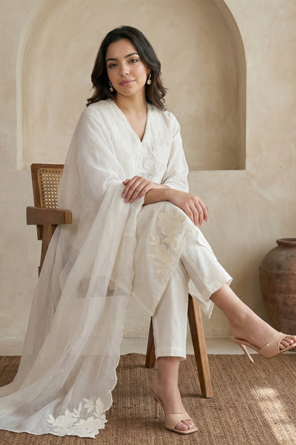 Off White Embroidered Chanderi Straight Kurta with Pants and Dupatta Set