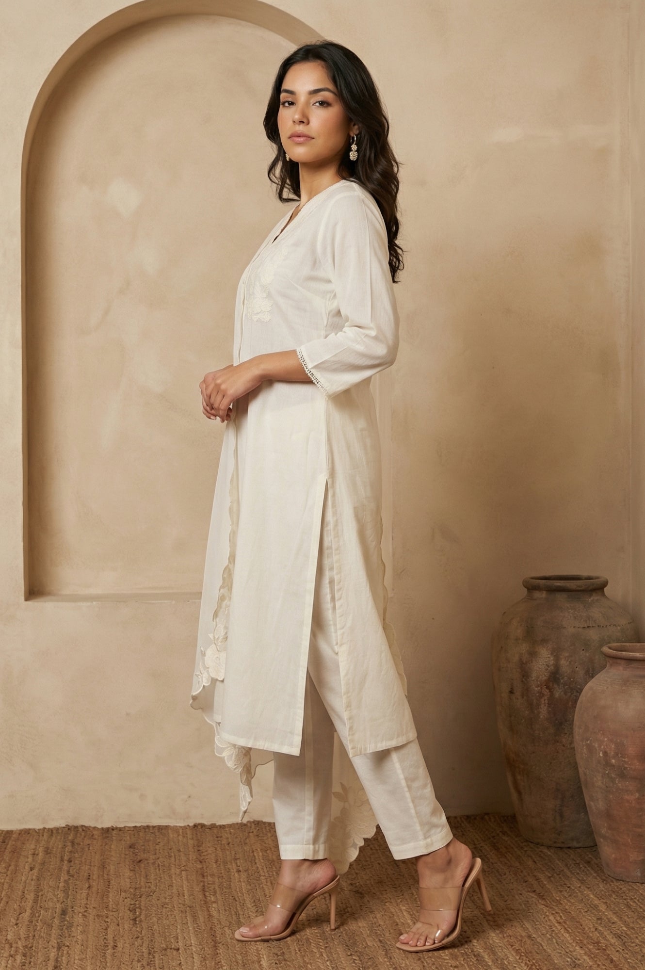 Off White Embroidered Chanderi Straight Kurta with Pants and Dupatta Set
