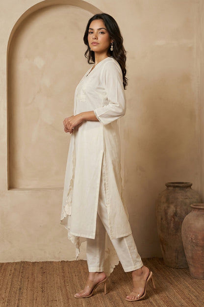 Off White Embroidered Chanderi Straight Kurta with Pants and Dupatta Set