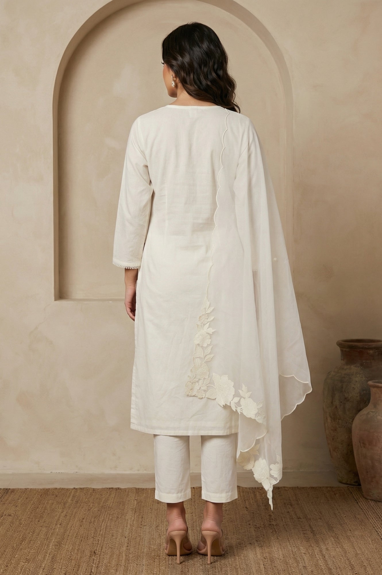 Off White Embroidered Chanderi Straight Kurta with Pants and Dupatta Set