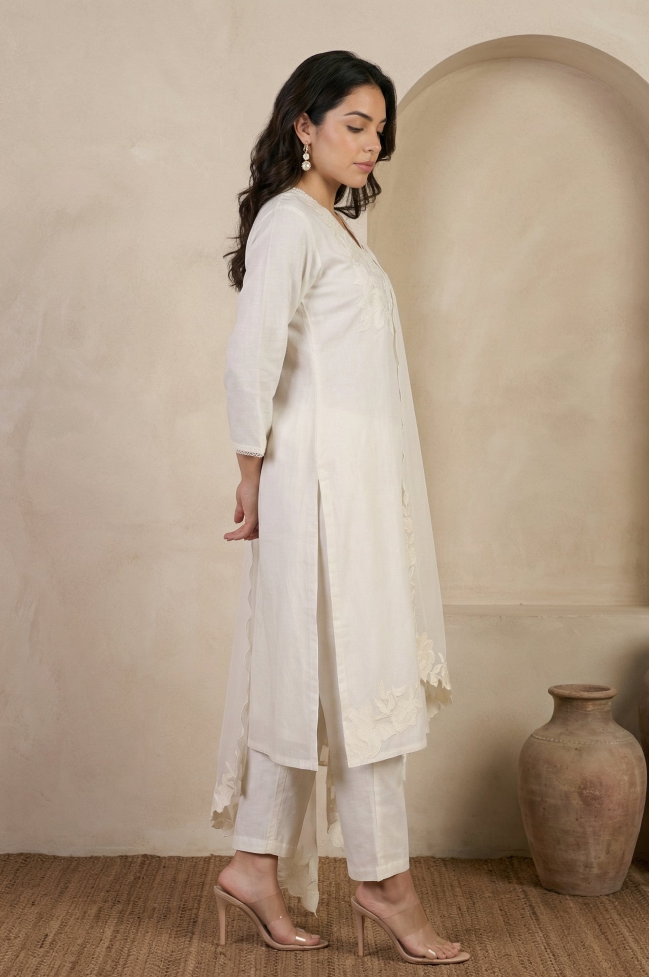 Off White Embroidered Chanderi Straight Kurta with Pants and Dupatta Set