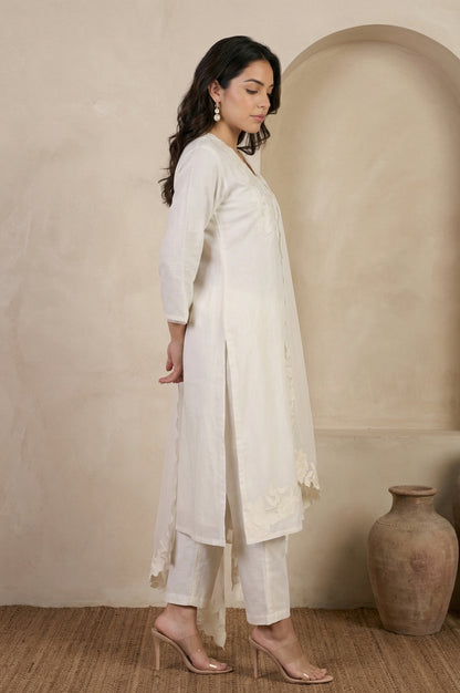 Off White Embroidered Chanderi Straight Kurta with Pants and Dupatta Set