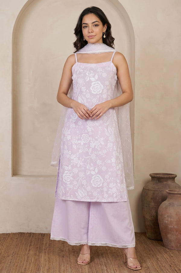 Lavender Floral Printed Pure Cotton Noodle Straps Straight Kurta with Palazzo and Dupatta Set