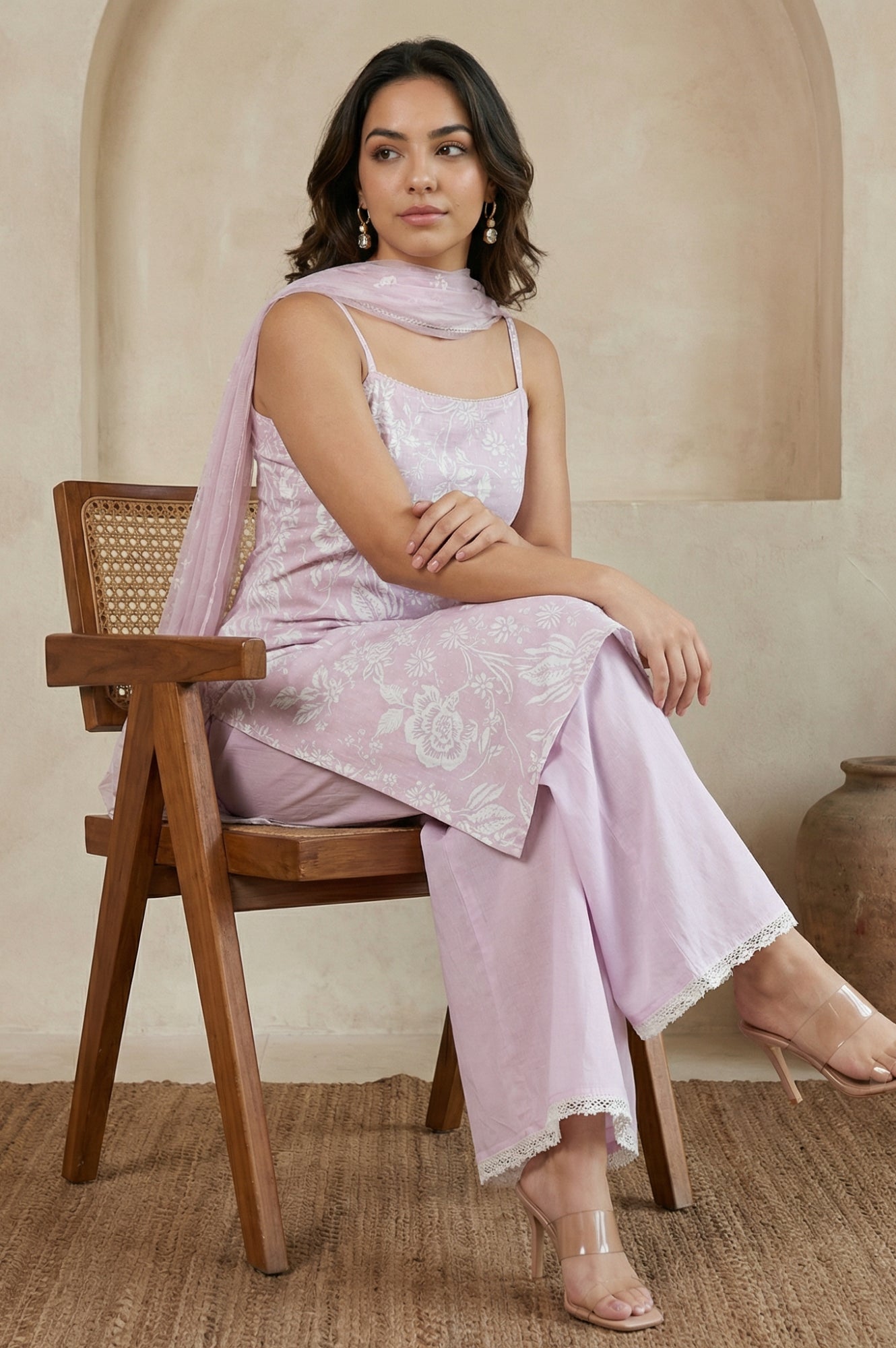 Lavender Floral Printed Pure Cotton Noodle Straps Straight Kurta with Palazzo and Dupatta Set