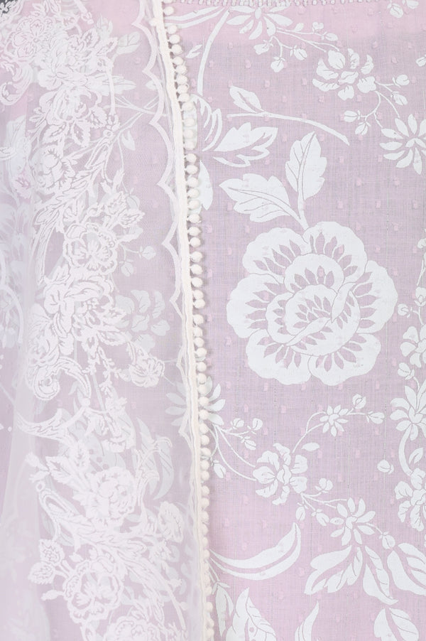 Lavender Floral Printed Pure Cotton Noodle Straps Straight Kurta with Palazzo and Dupatta Set