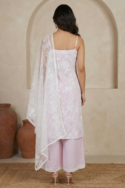 Lavender Floral Printed Pure Cotton Noodle Straps Straight Kurta with Palazzo and Dupatta Set