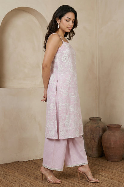 Lavender Floral Printed Pure Cotton Noodle Straps Straight Kurta with Palazzo and Dupatta Set