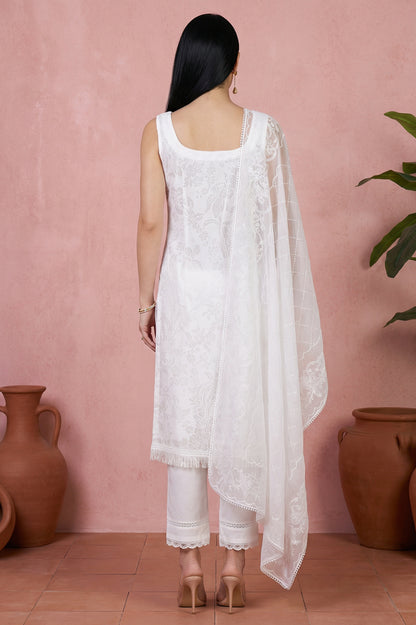 White Lace Floral Printed Straight Kurta With Parallel Pants And Brasso Dupatta Set