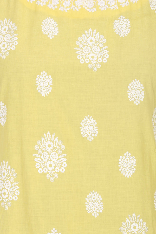 Yellow Floral Printed Pure Cotton Sleeveless Straight Kurta with Pants Set