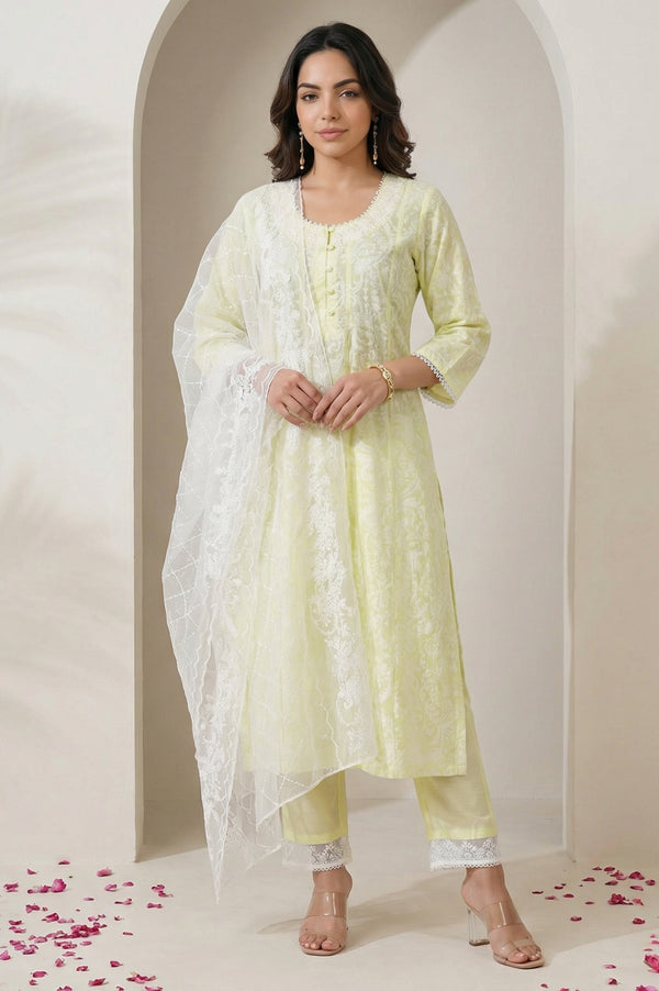 Yellow Floral Printed Lace Pure Cotton Straight Kurta with Straight Pants and Dupatta Set
